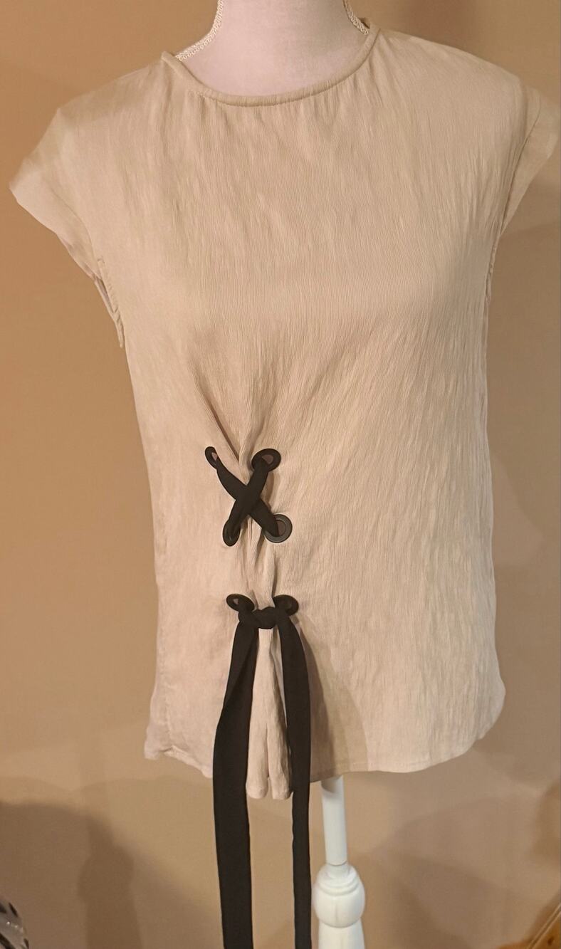 Zara Basic Womens Beige Cap Sleeve Blouse Side Tie Up Grommet Accent Size XS